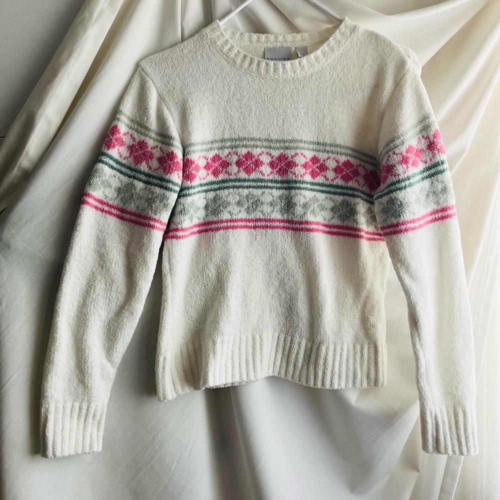 Sonoma Cream Crewneck Sweater with Pink & Gray Fair Isle Bands
